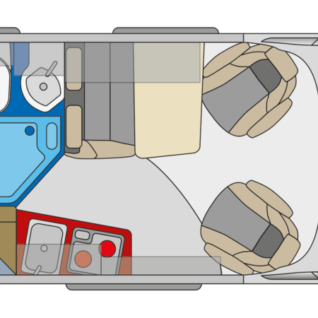 Grundriss eines Pössl-Wohnmobils mit Bett, Bad und Küchenbereich