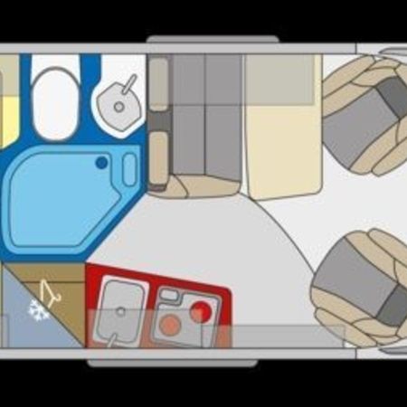 Grundplan af en autocamper med køkken, opholdsstue og badeværelse